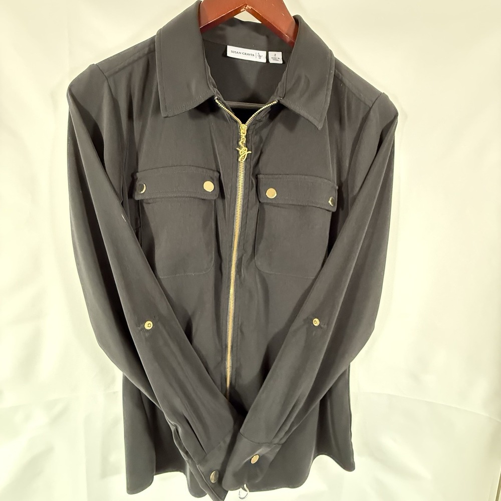 Black Long Sleeve Suzan Craver Zip Up 3/4 Adjustable Sleeves, Gold Detailing 2 - Picture 5 of 7